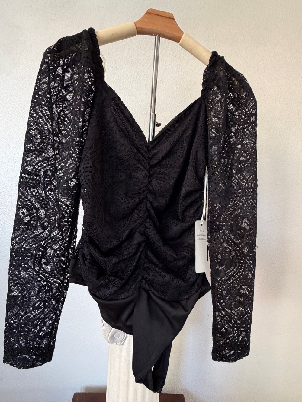 iris Black Lace Ruched Long-Sleeve Bodysuit